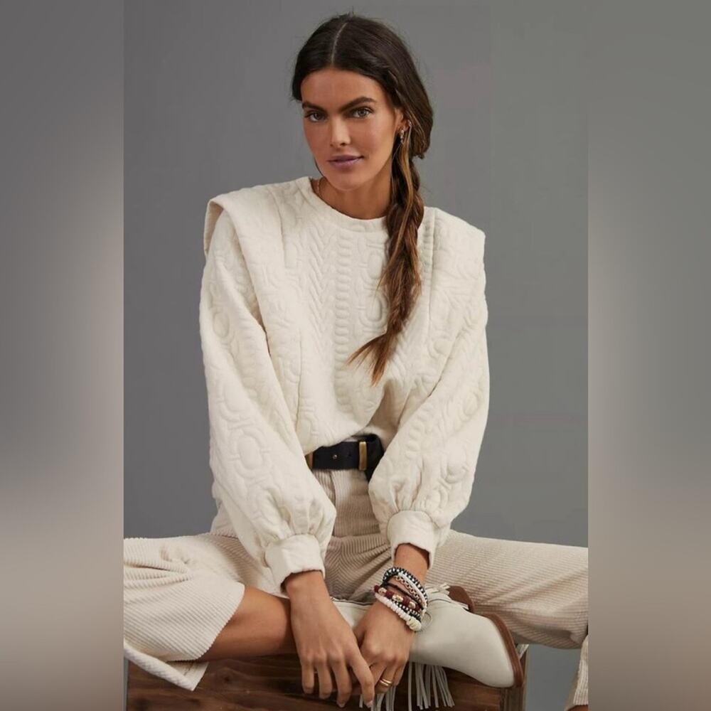 NWT Anthropologie Find Me Now Puff Sleeve Quilted Sweater Ivory Size XXS